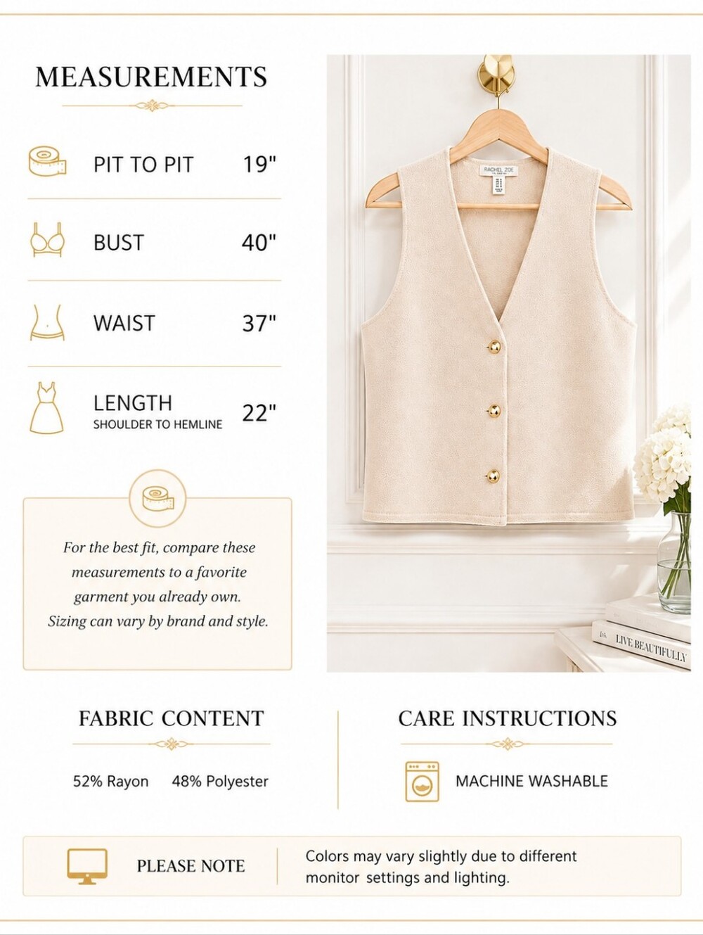 Rachel Zoe Cream Knit Sweater Vest Medium | Gold Button Sleeveless Quiet Luxury - Picture 7 of 9